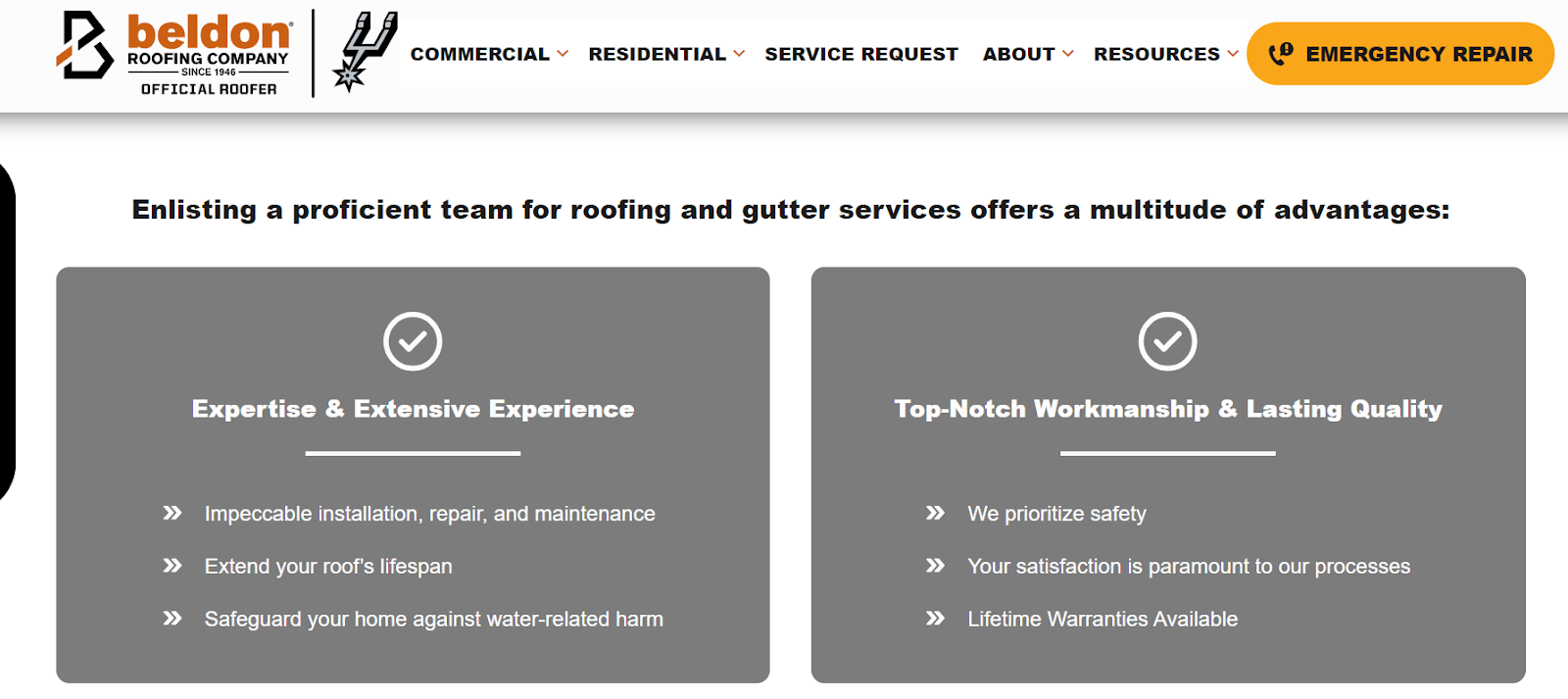 A roofing landing page listing all the features and benefits of the company's roofing services
